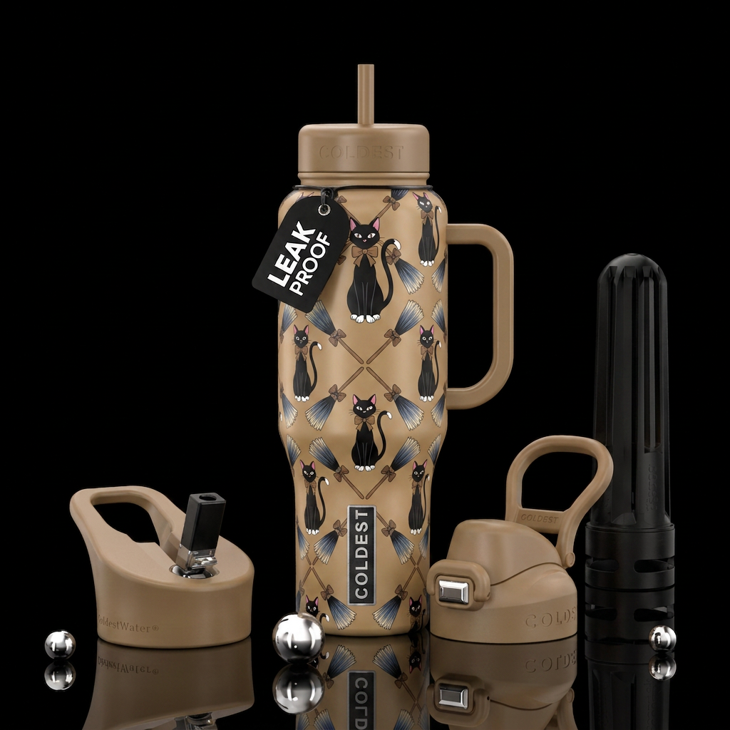 Cats and Brooms water bottle design