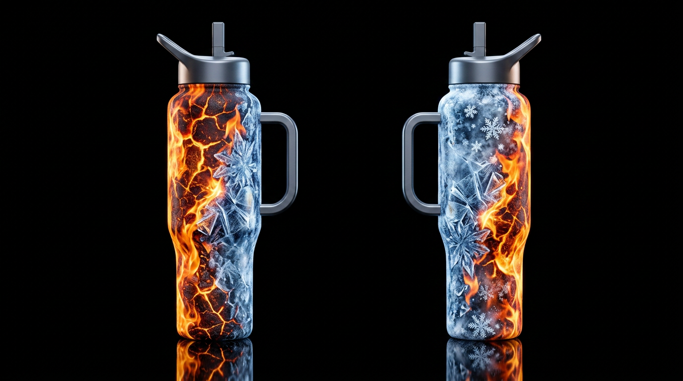 Fire and ice split design.  Please show both front... water bottle design