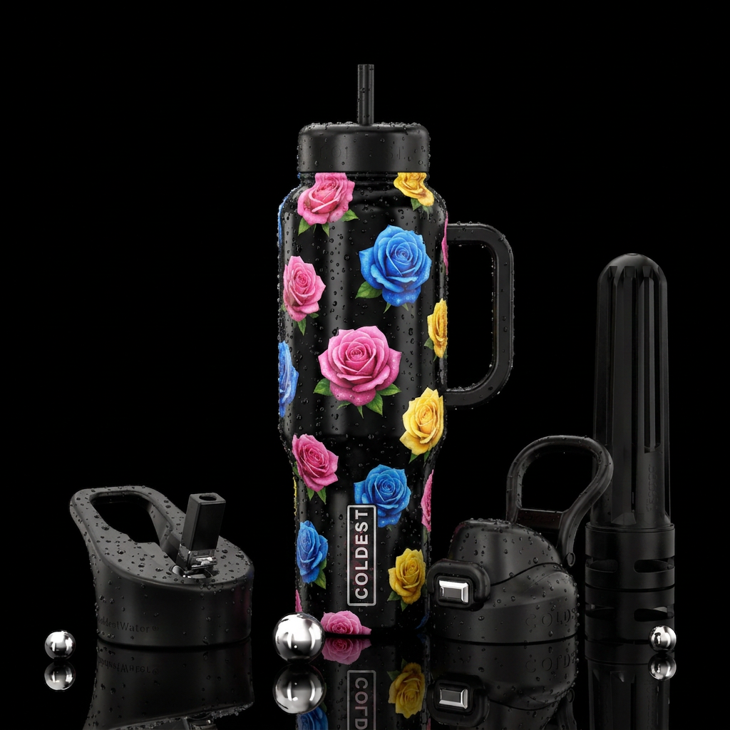 Rose blooms in rain.  Black background with small ... water bottle design