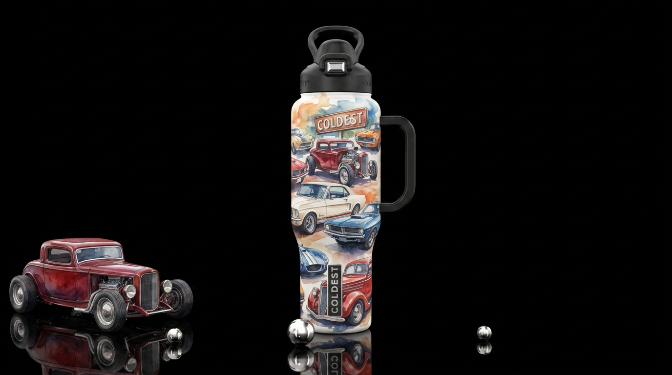 Vintage car show.  Street cars, sports cars, hot r... water bottle design