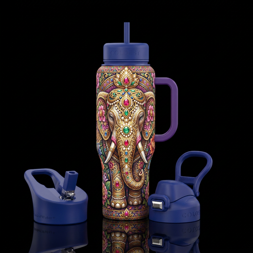 Bejeweled elephant. Ornate Hindu design.  Large ce... water bottle design