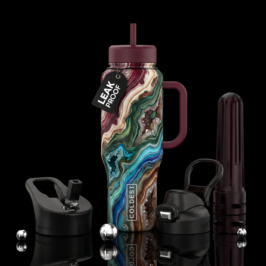Gemstone geodes.   Rich gemstone colors of burgund... water bottle design
