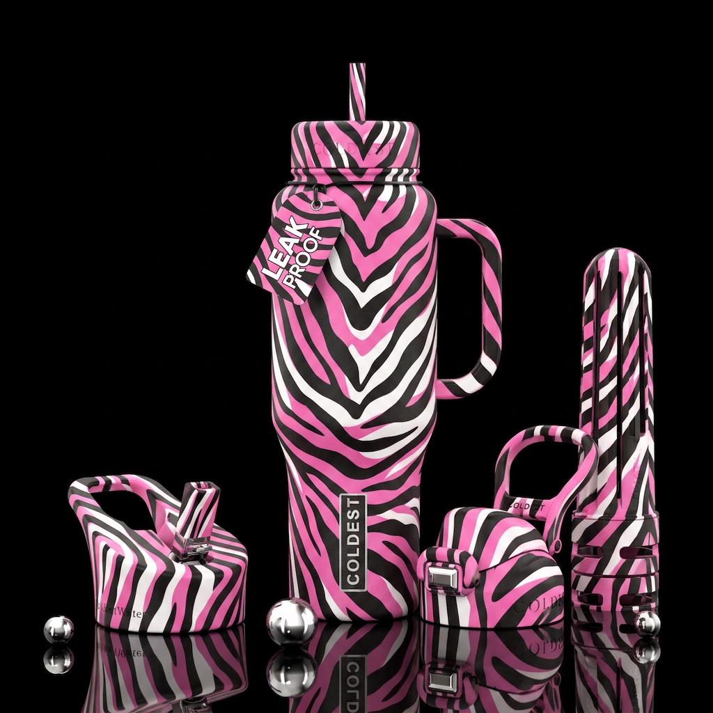 Pink zebra.   Bold stripes with white and black . water bottle design