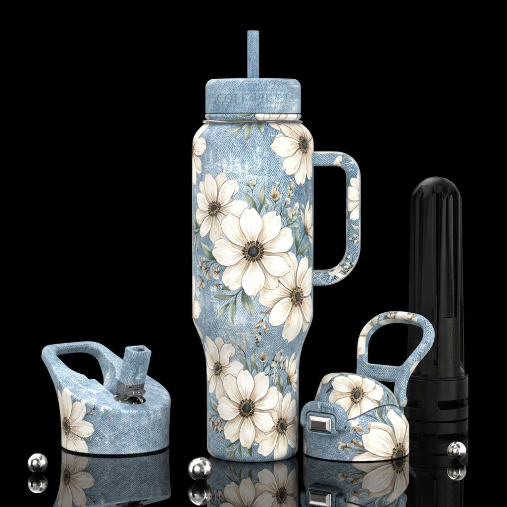 Distressed floral denim. water bottle design