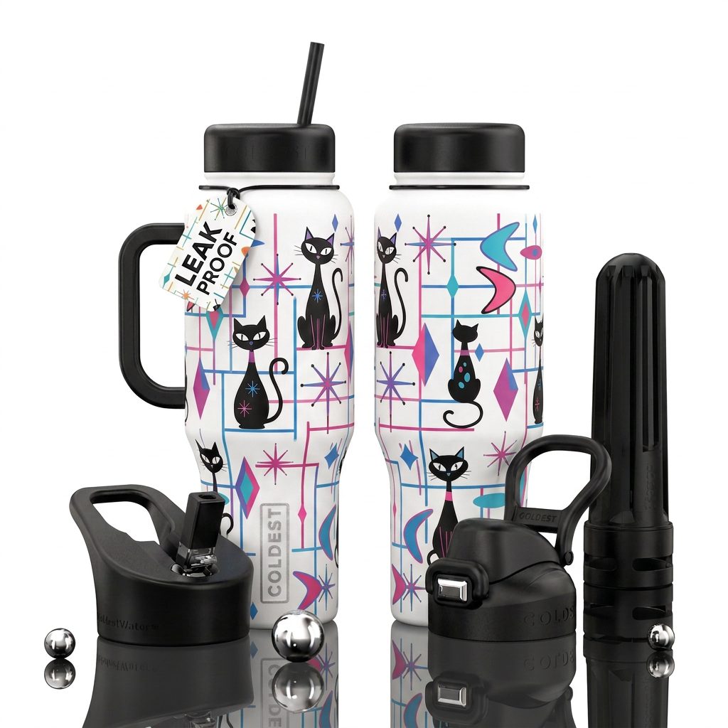 Mid- century mod floral atomic black cats on white... water bottle design