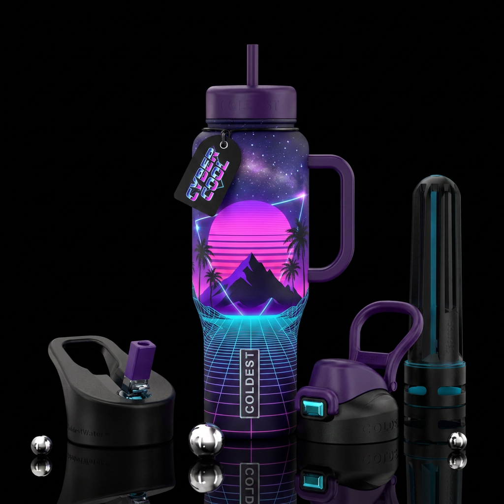 Synthwave and vaporwave 1980s aesthetic.  Feature ... water bottle design