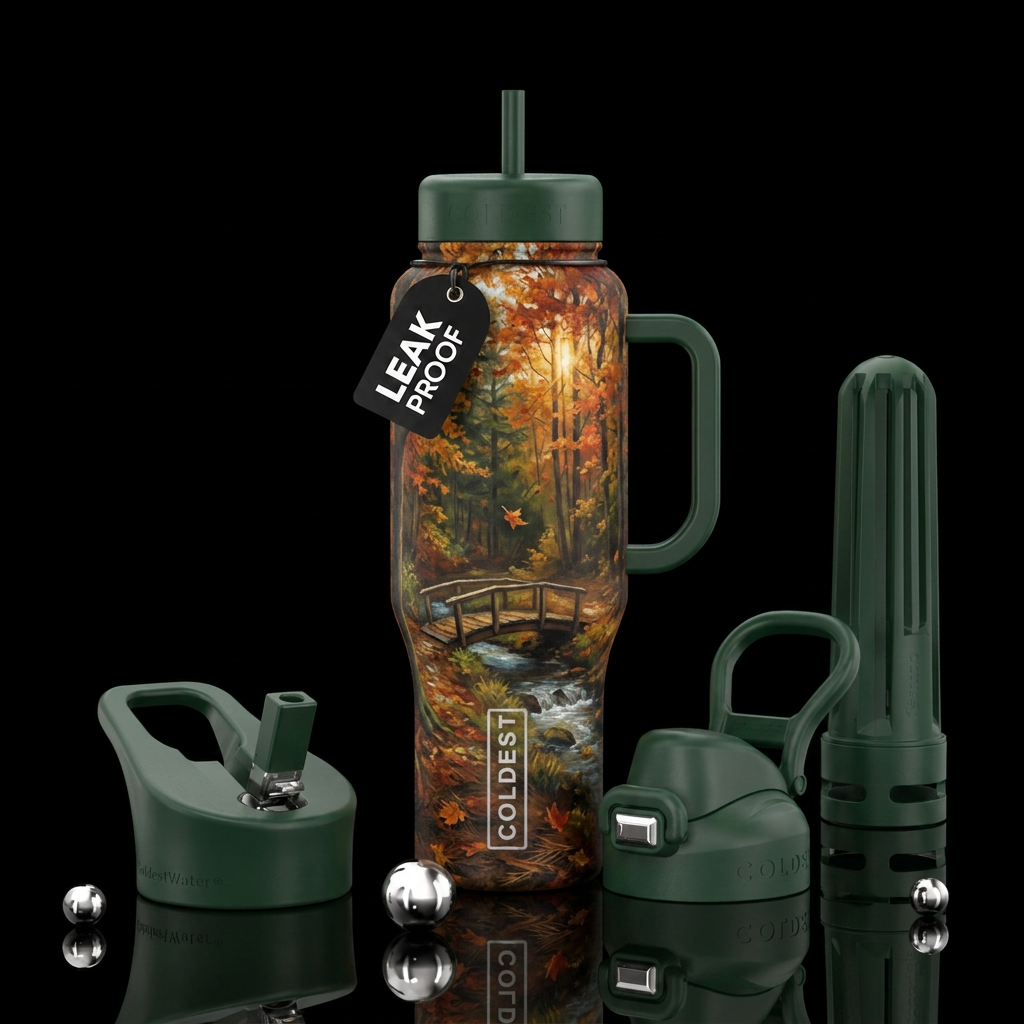 Autumn walk.  Oil painting style of tiny wooden br... water bottle design