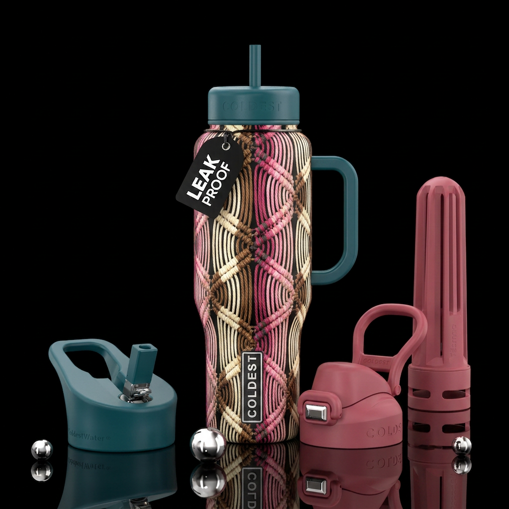 Macrame style lines alternating in cream, brown, b... water bottle design