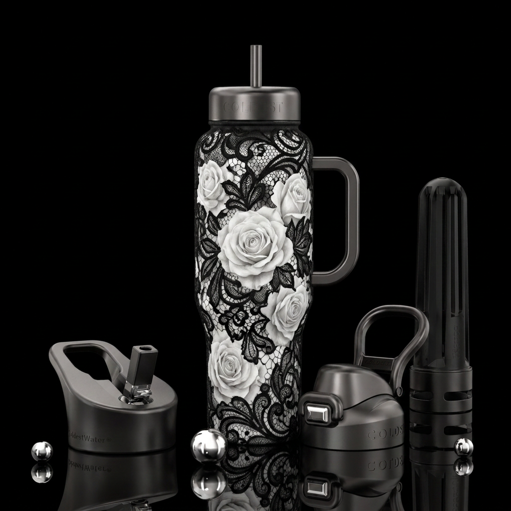 Black lace rose water bottle design