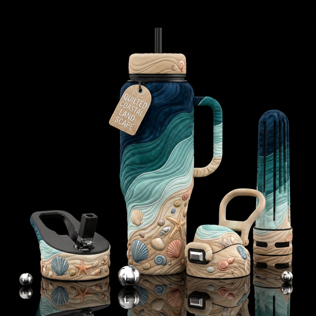 Quilted coastal landscape.  Please show both front... water bottle design