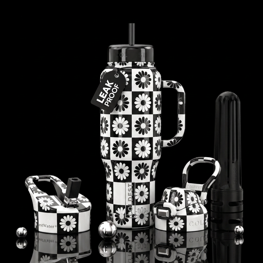 Checkered daisies water bottle design
