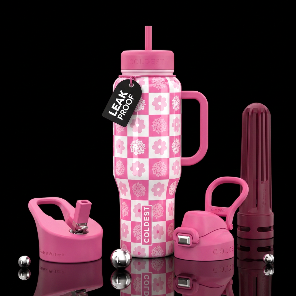 Pink and white checkered design with alternating c... water bottle design