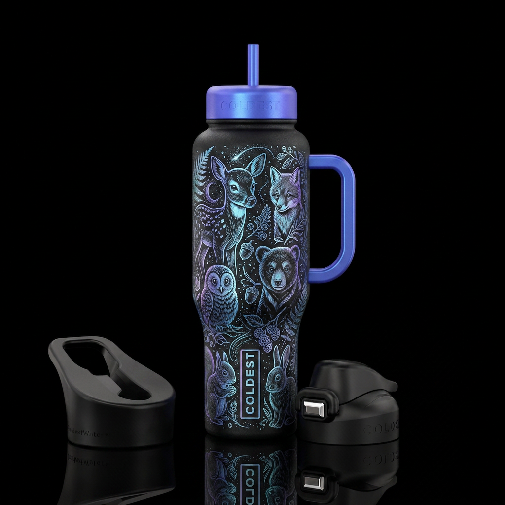 Moonlit forest animals water bottle design