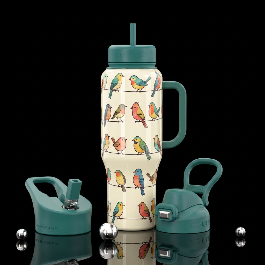 Whimsical birds.  Cream colored background.  Rows ... water bottle design