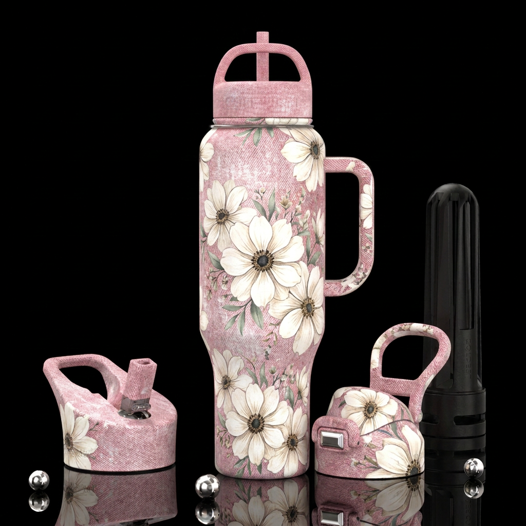 Distressed pink floral water bottle design