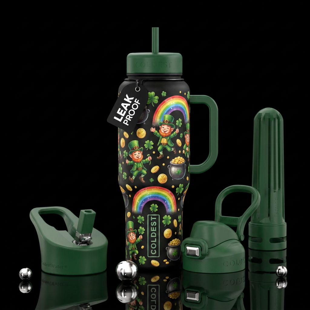 Rainbow leprechaun.  Cute leprechauns frolicking  ... water bottle design