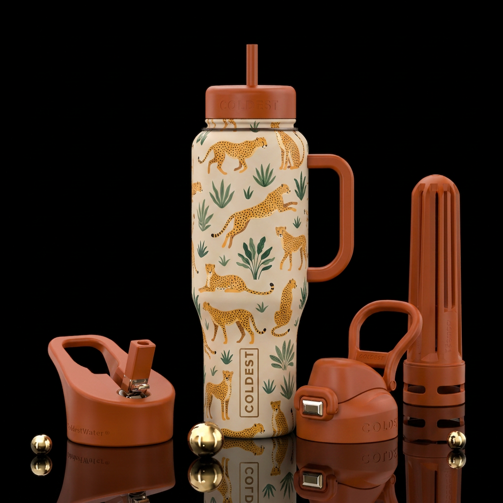 Mid-century mod style cheetahs in various poses on... water bottle design