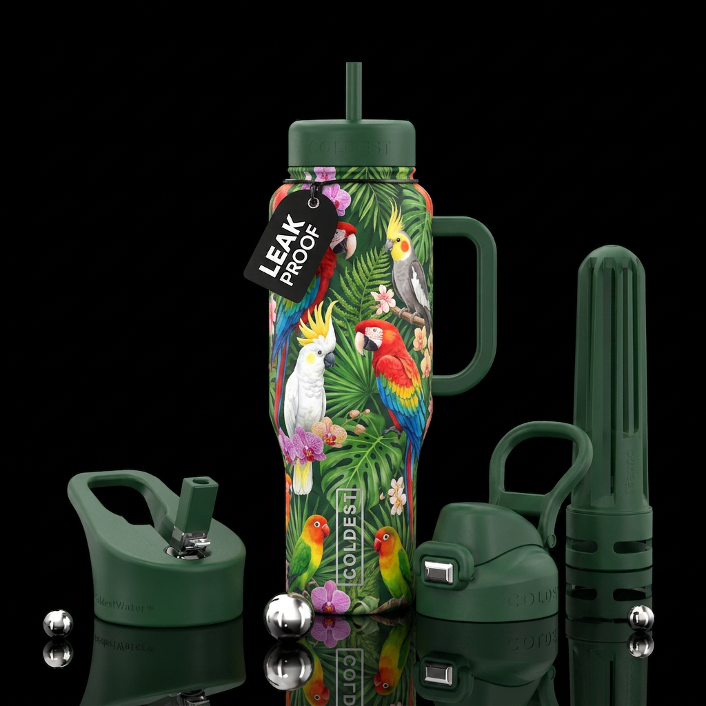 Colorful parrots in lush tropical background.  Par... water bottle design