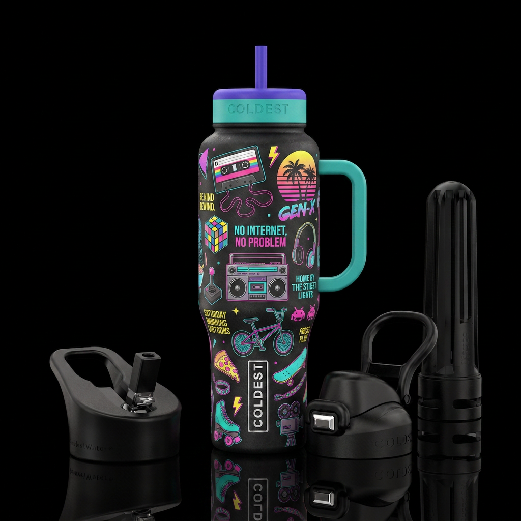 1980s generation X nostalgia.  Bold neon, Synthwav... water bottle design