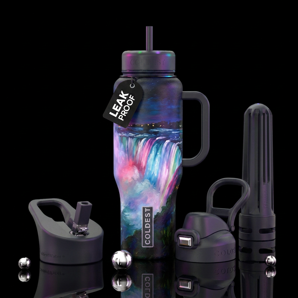 Oil painting style of the Canadian side of Niagara... water bottle design