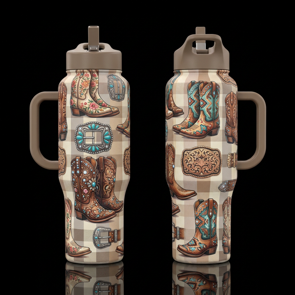 Boots and buckles. water bottle design