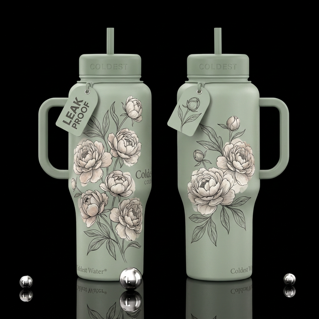 Engraved Peonies water bottle design