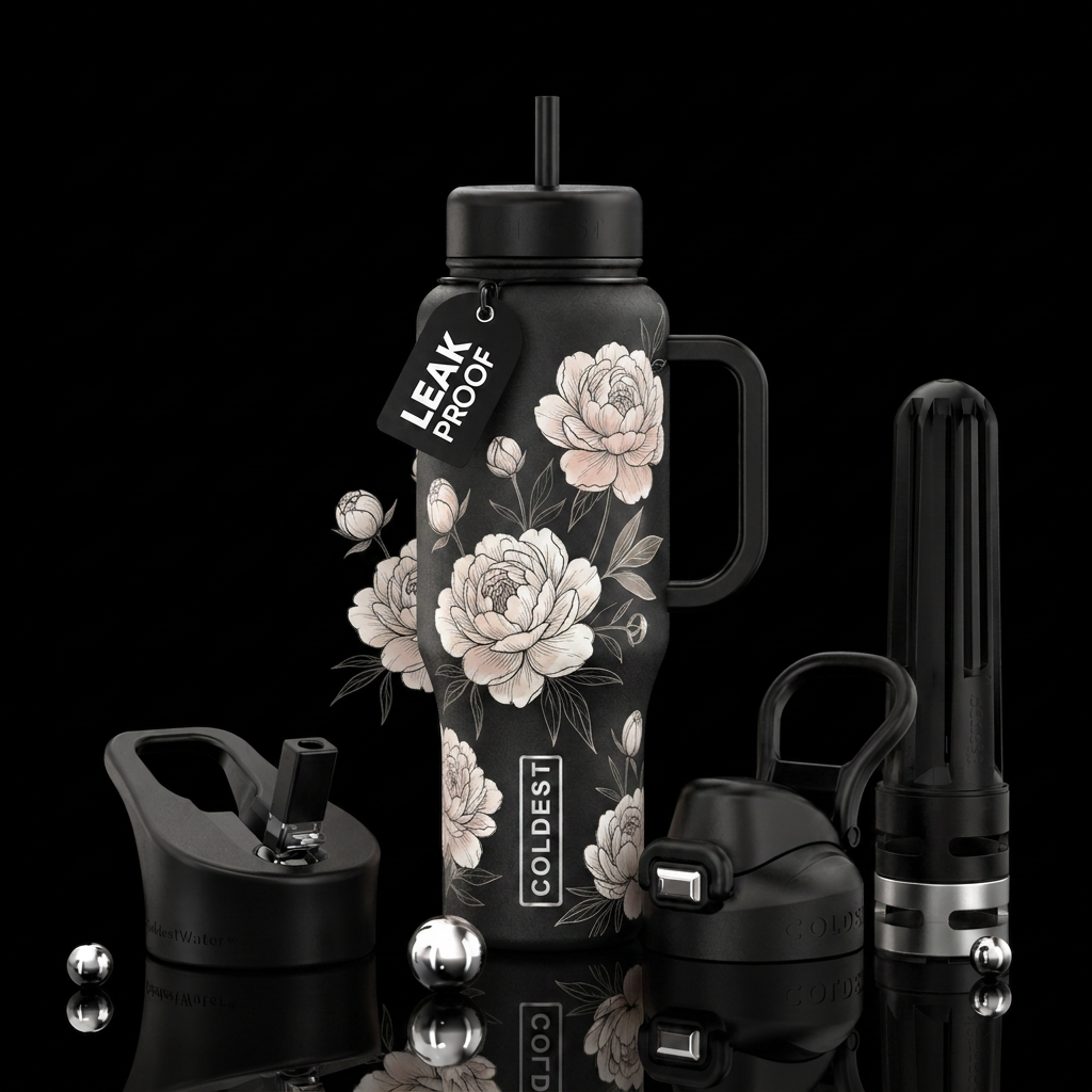 Peonies illustrated water bottle design