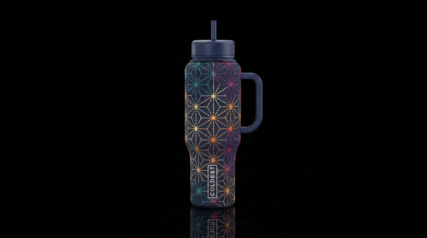 Multicolored shashiko water bottle design