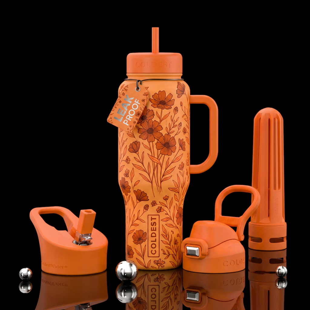 Boho orange.  White background.  Clusters of dark ... water bottle design