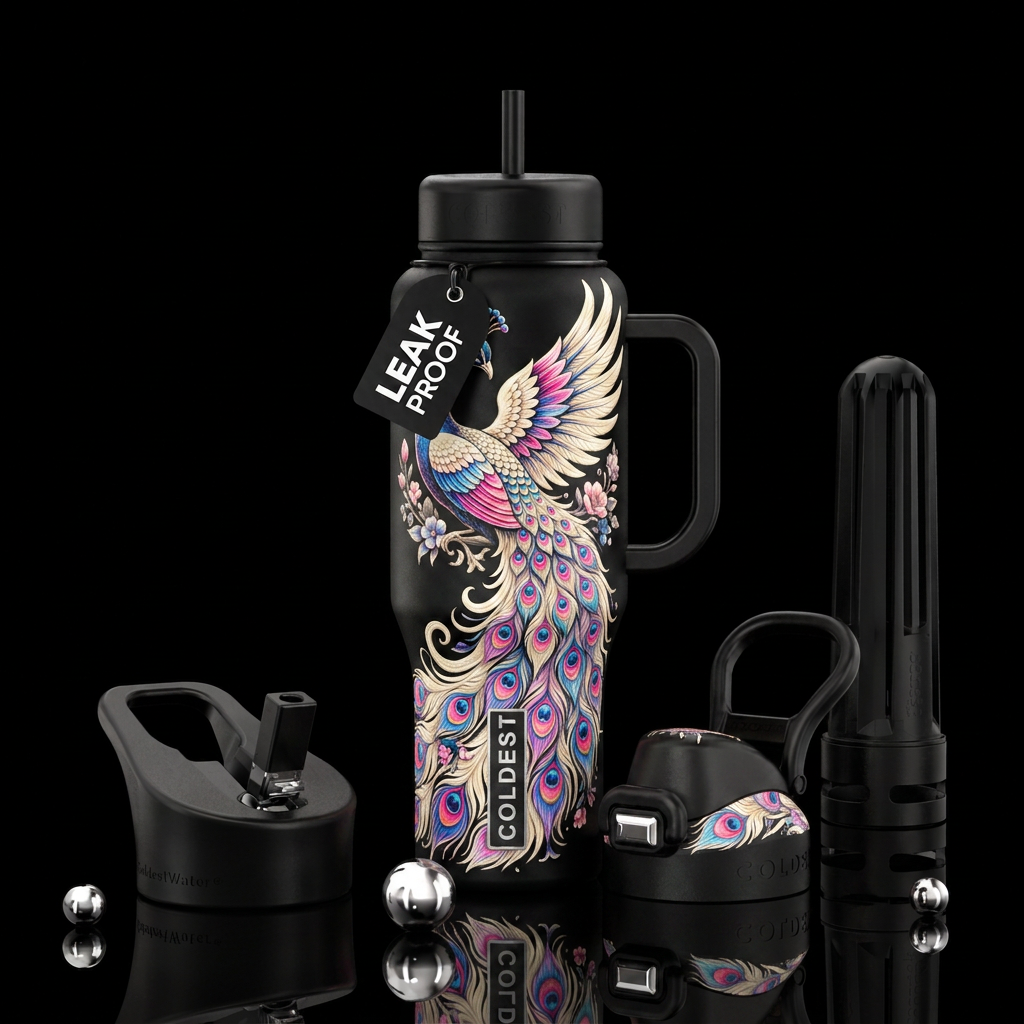 Cascading peacock tail.  Cream colored background.... water bottle design