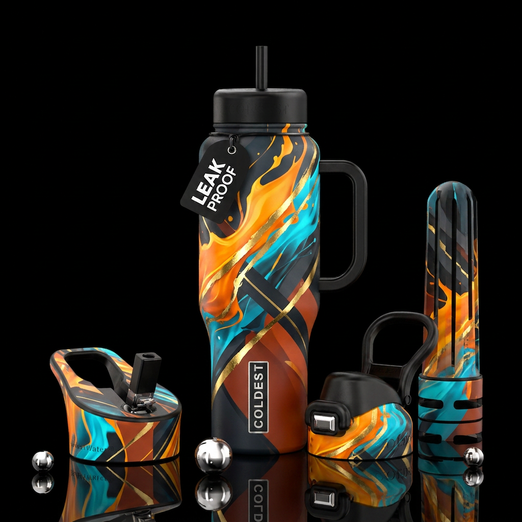 Dynamic abstract composition, bold fluid shapes la... water bottle design