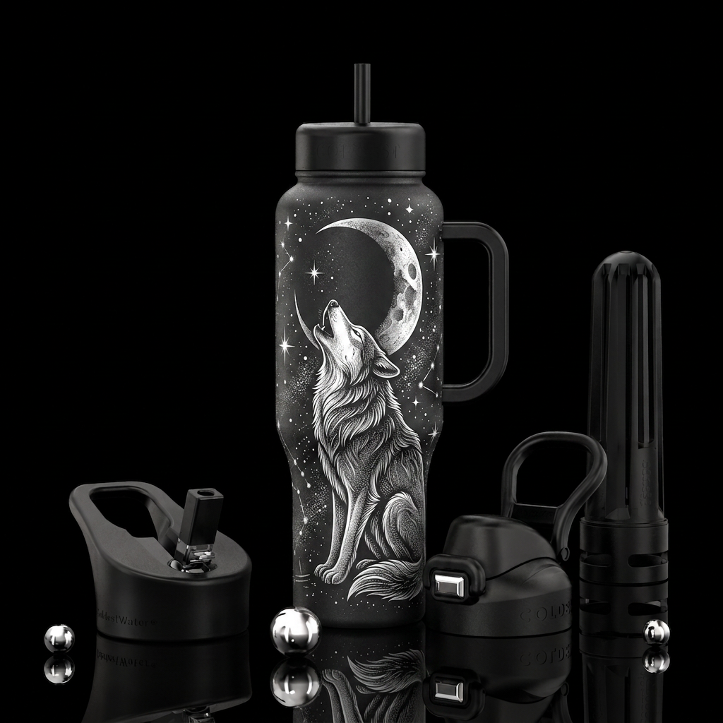 Midnight Wolf Eclipse water bottle design