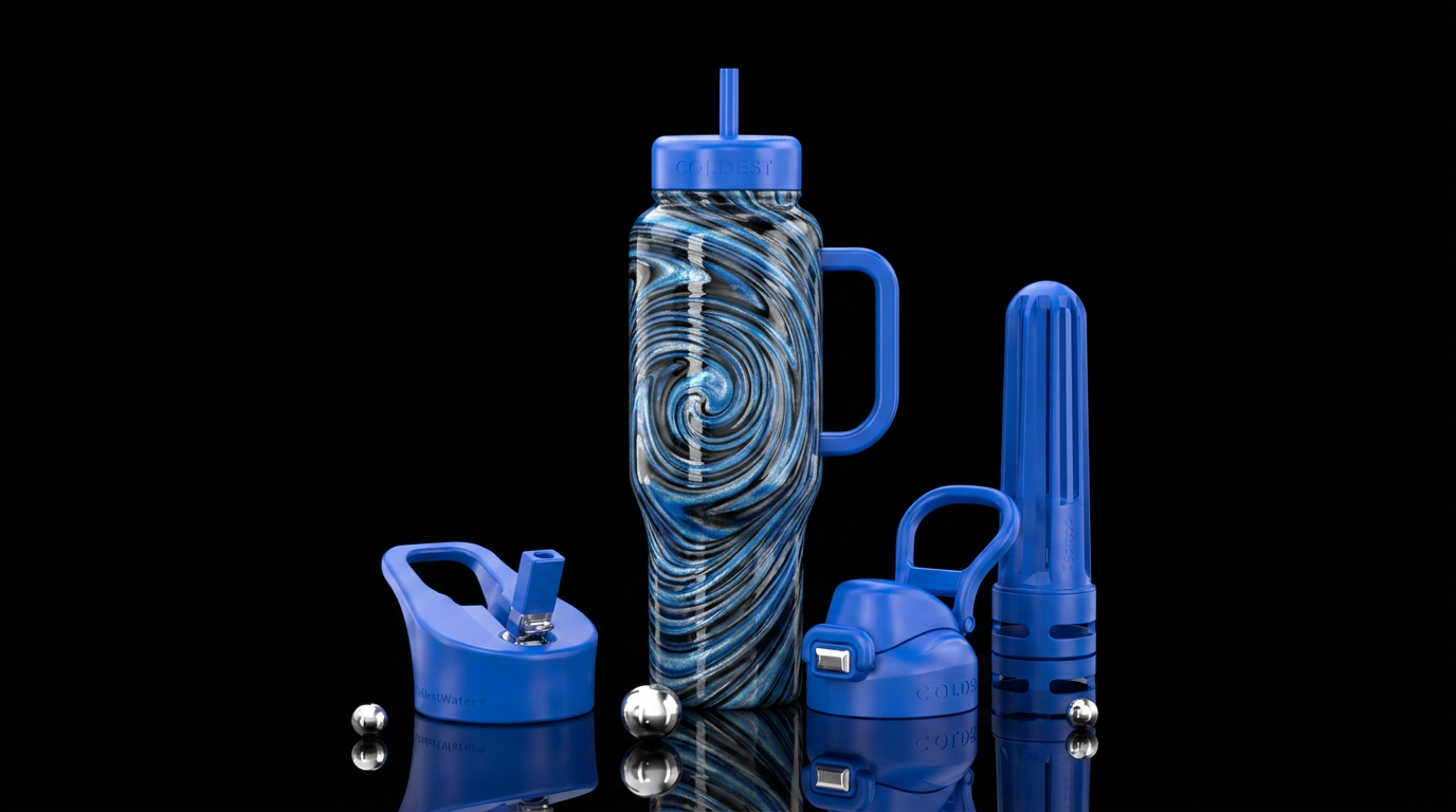Swirled pottery base inspired design.   Glossy blu... water bottle design