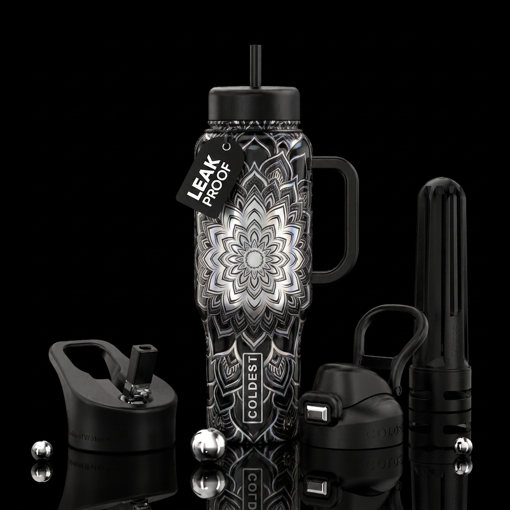 Glossy black and silver mandala pattern. Striking ... water bottle design