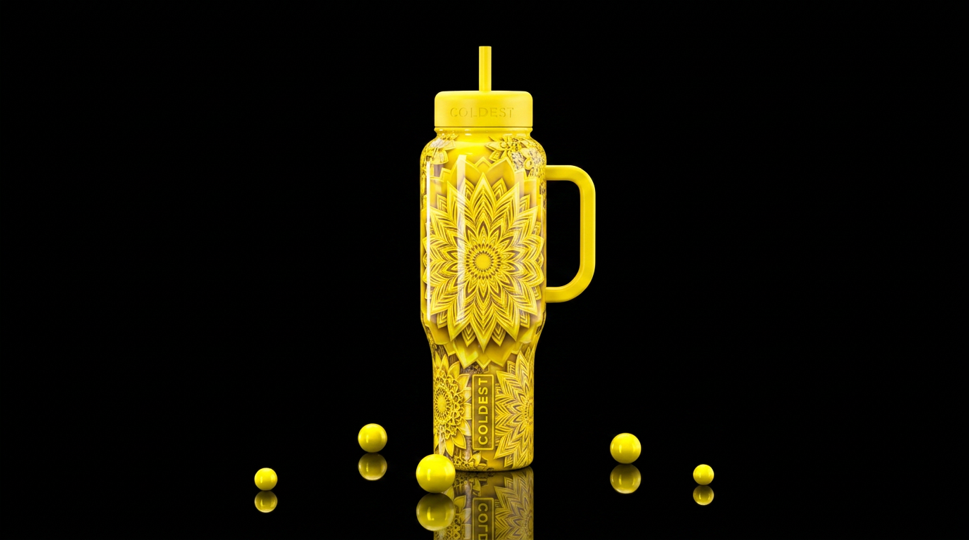Yellow mandala starbursts in abstract placement.  ... water bottle design
