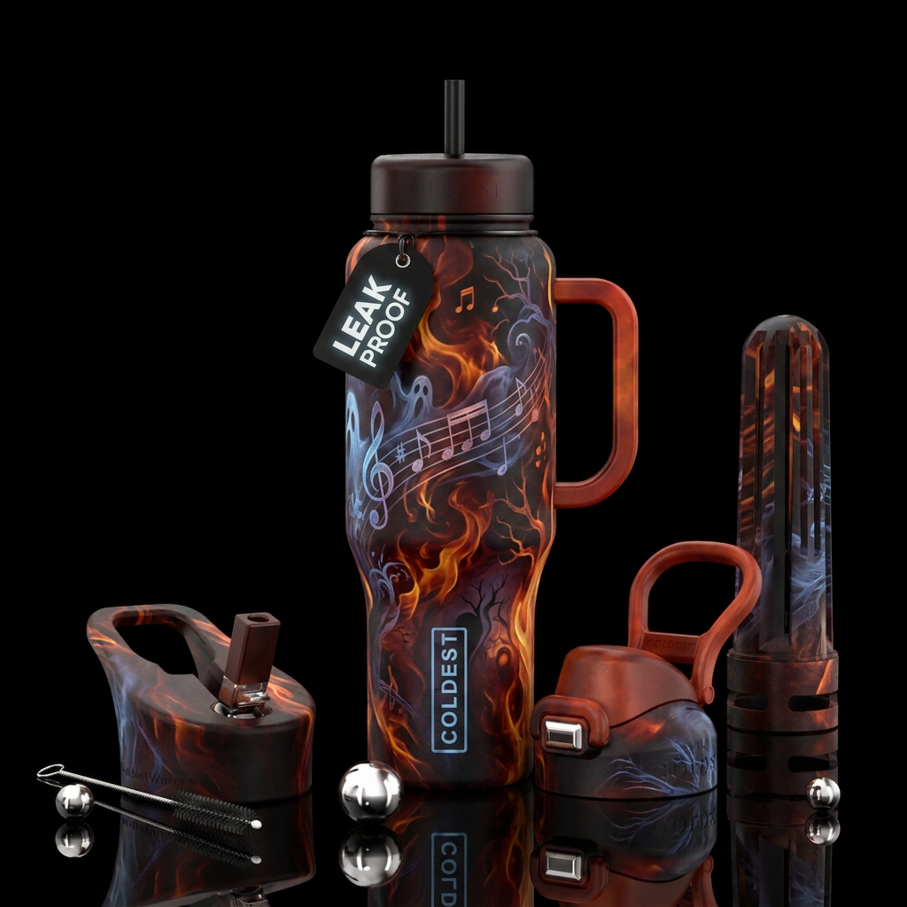 haunted, inbued,, dark mood, firery, music water bottle design