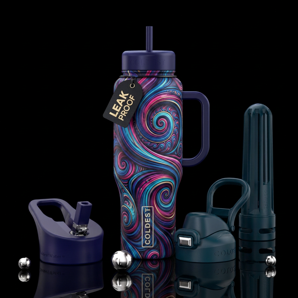 abstract, spirals, artistic,, dark mood, stylistic water bottle design