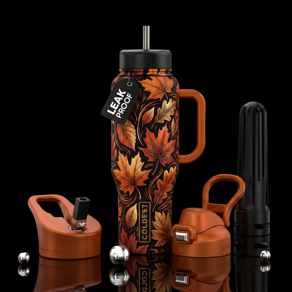 Fall leaves in artistic styized swirls.  Fine line... water bottle design