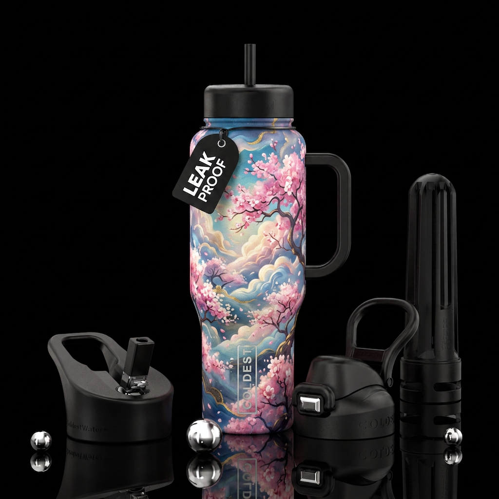 cherry blossom season, vibrant, magical, modern, c... water bottle design