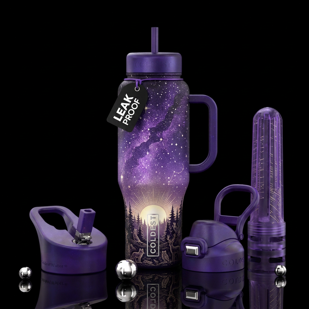 Purple cosmic night sky brightening as it descends... water bottle design