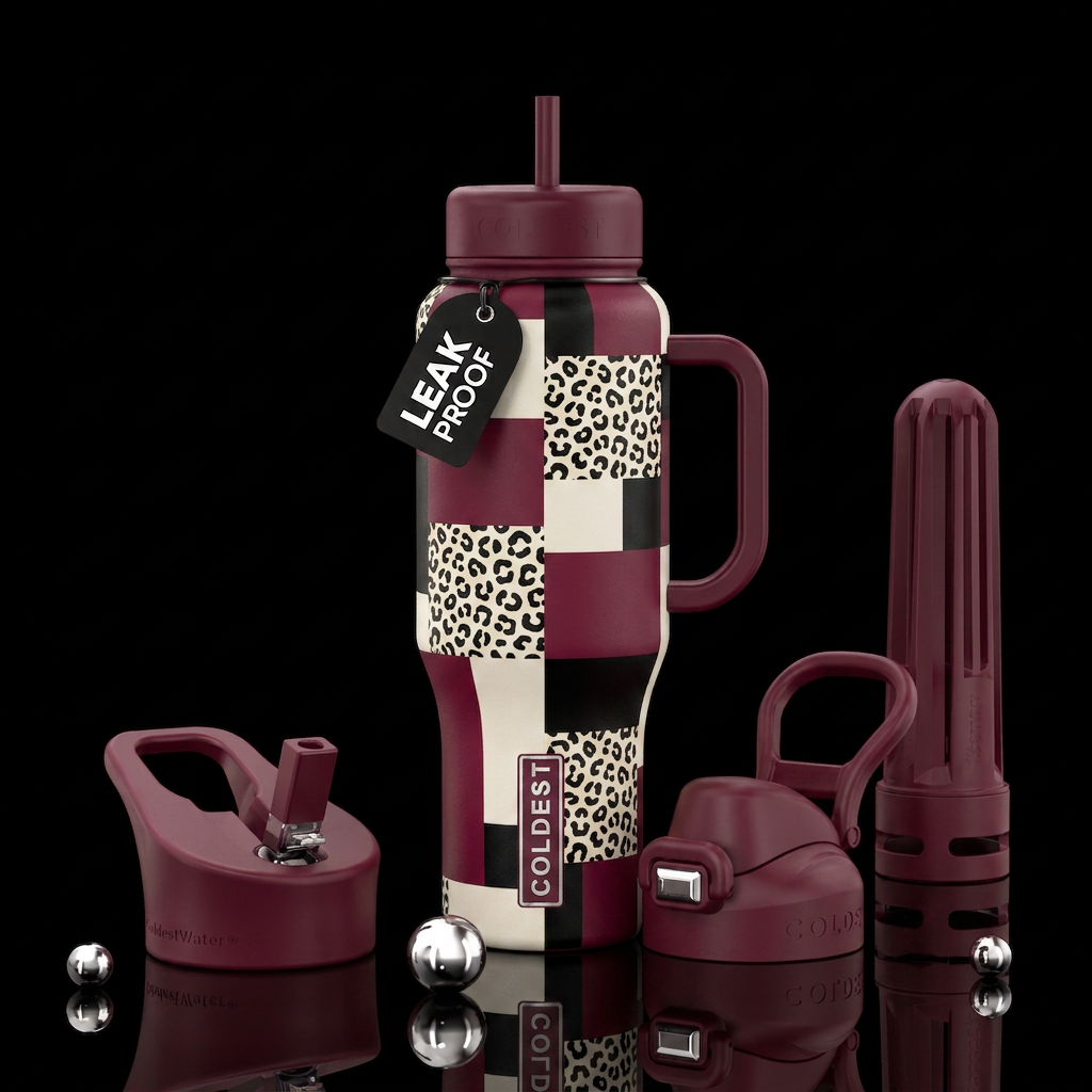Abstract blocks of various sizes in burgandy, off-... water bottle design