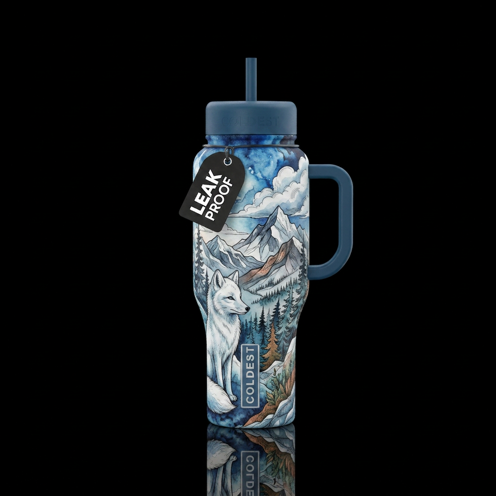 Alaska., fine line artistry  powerful, beautiul, m... water bottle design