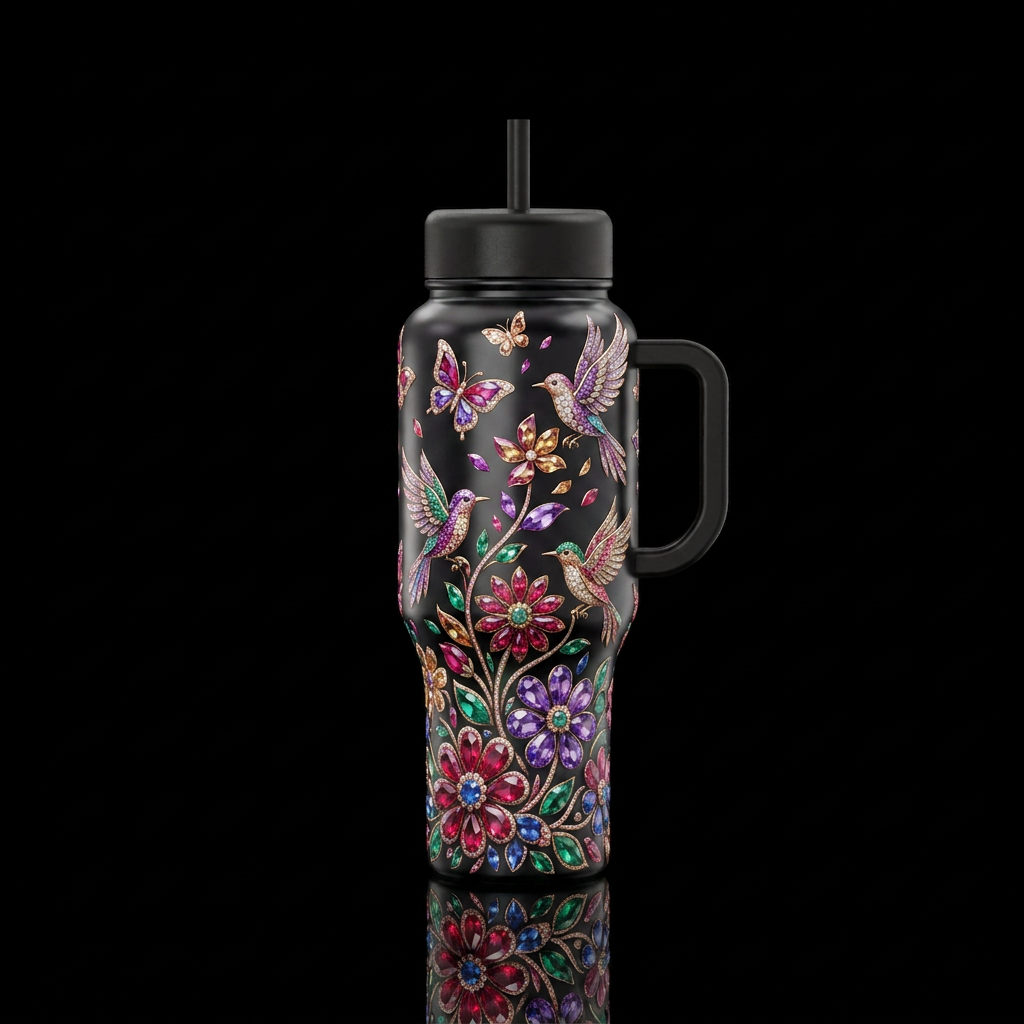 Bejeweled hummingbirds water bottle design