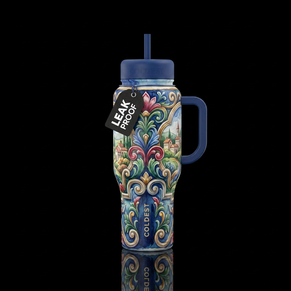 modern, european, watercolor, painting, sculpted water bottle design