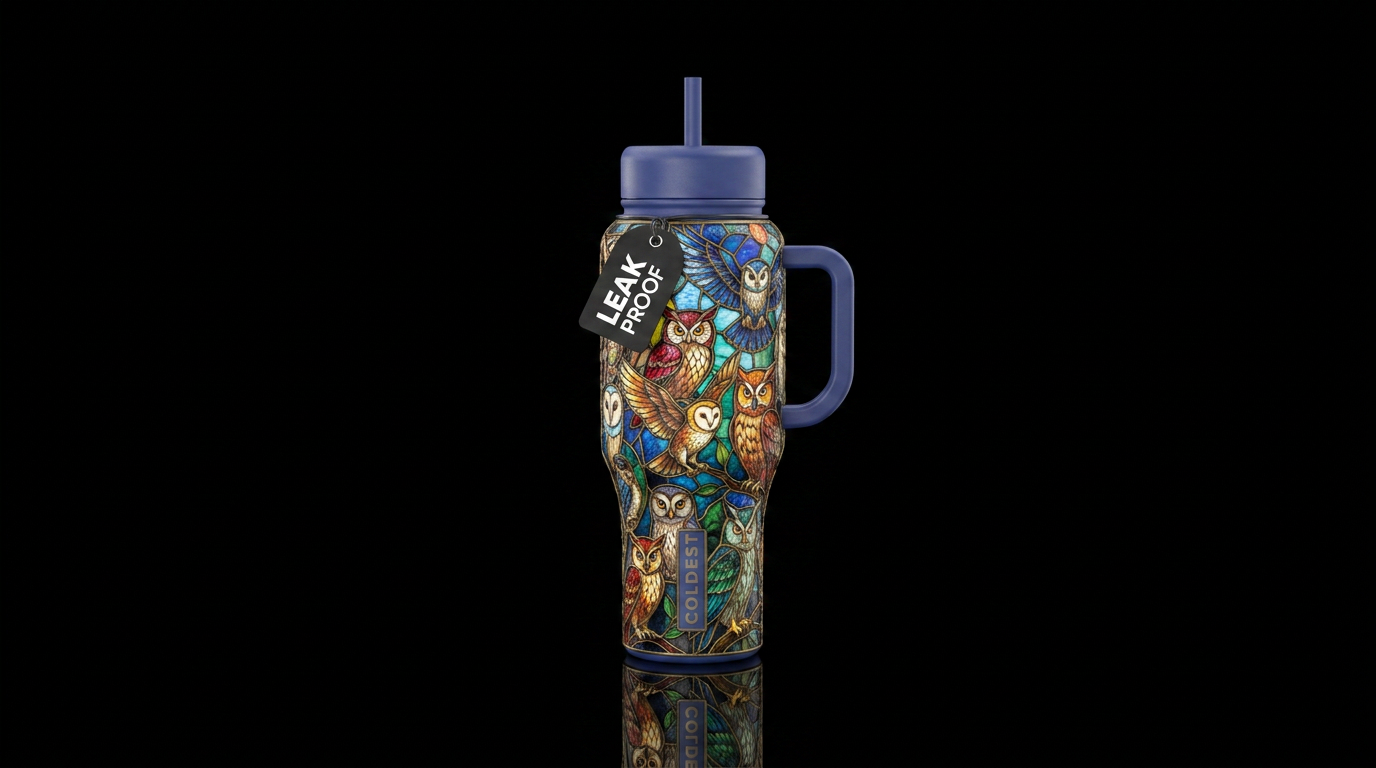 Vintage cloisonné inspired stained glass owls. Var... water bottle design