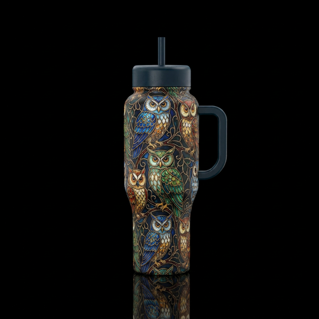Vintage cloisonné inspired stained glass owls. Var... water bottle design