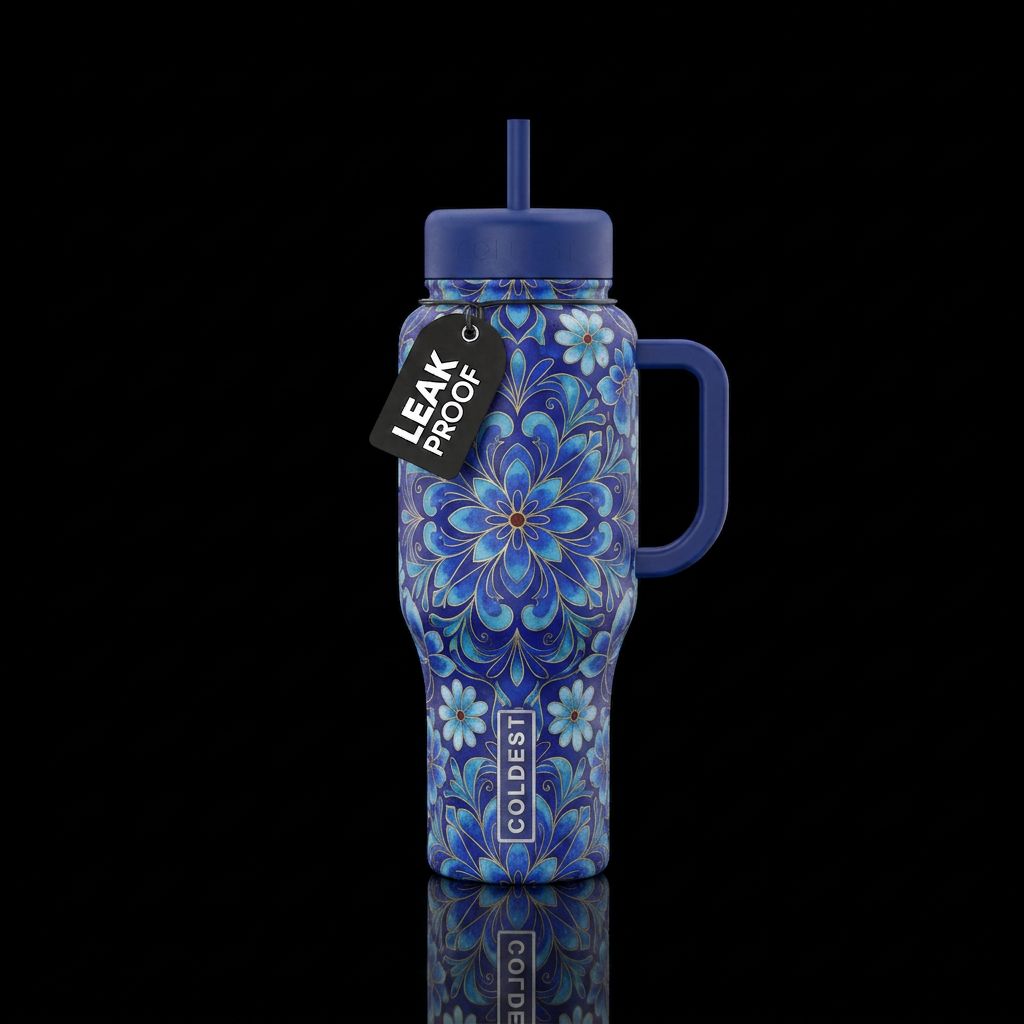 Cloisonné inspired cobalt florals water bottle design