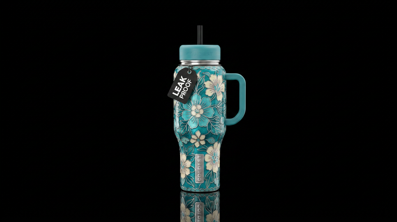 Cloisonné inspired teal cream and silver florals. ... water bottle design