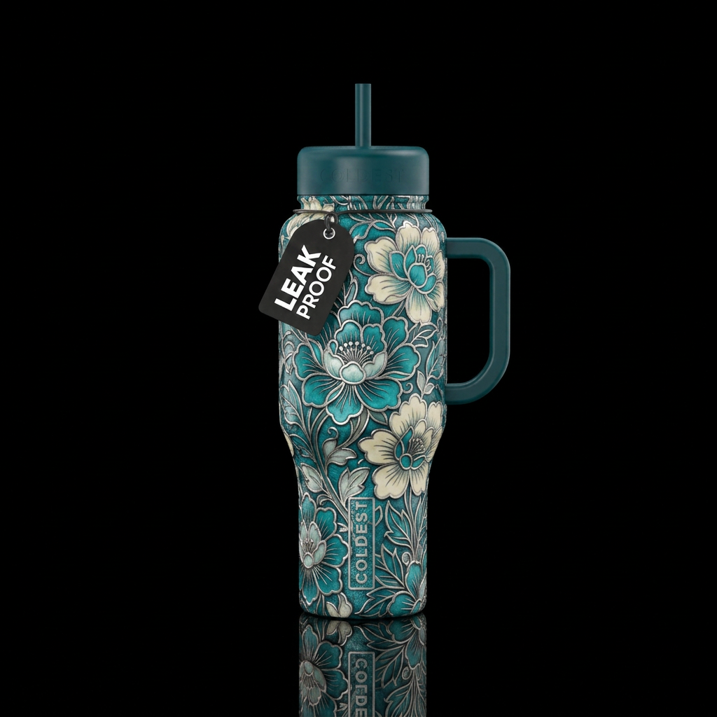 Cloisonné inspired teal cream and silver florals. ... water bottle design