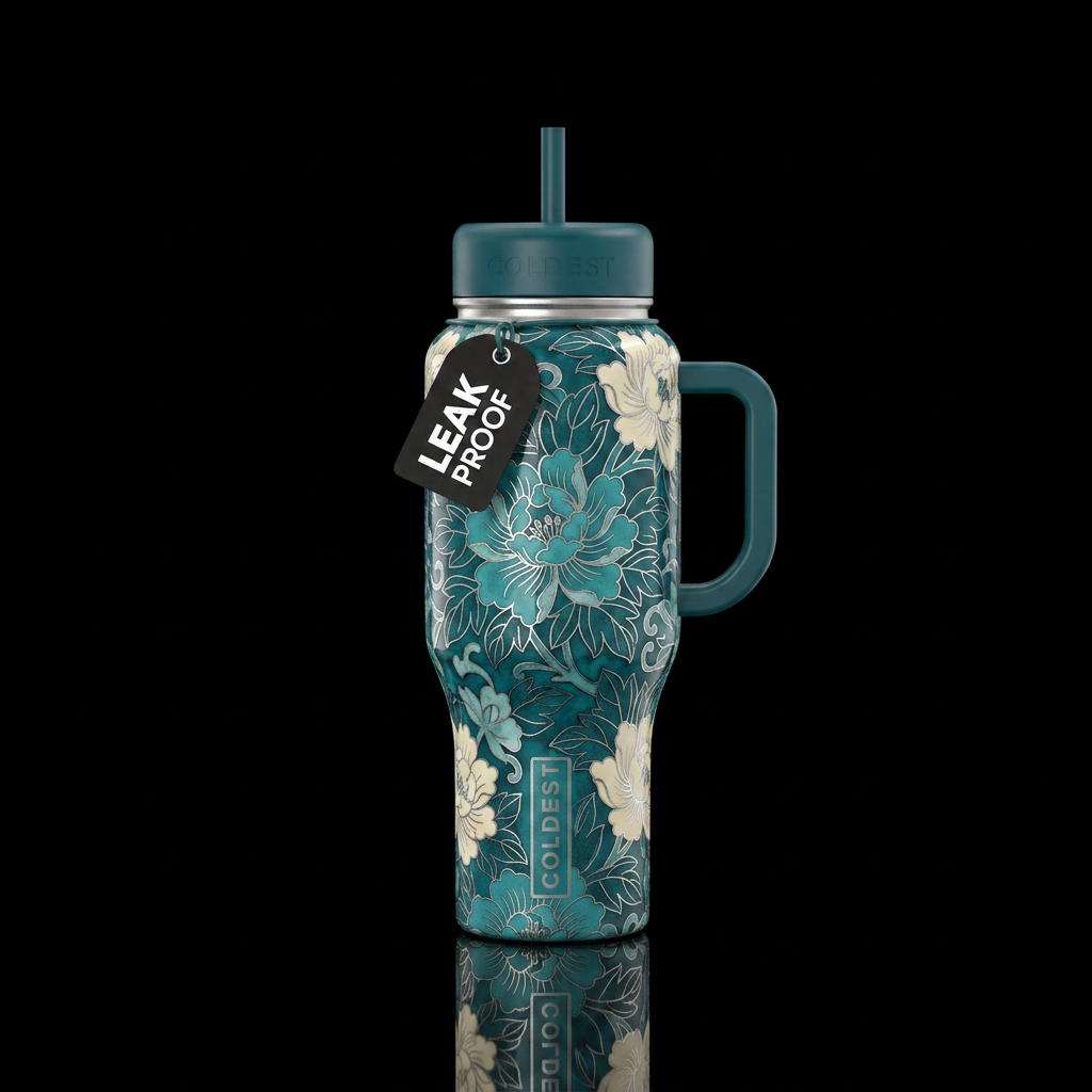 Cloisonné inspired teal cream and silver florals. ... water bottle design